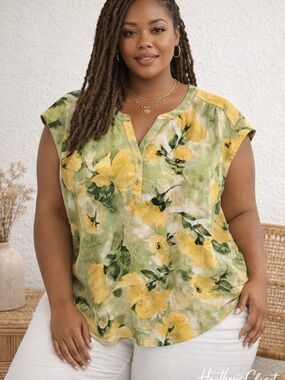 Simply Vera Vera Wang Yellow and Green Floral Cap Sleeve Tunic 1X